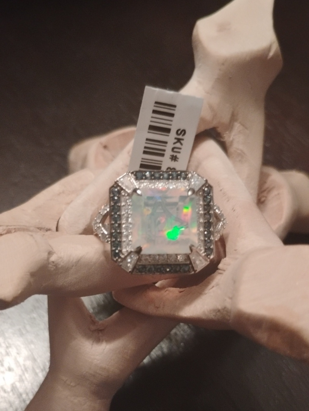 Ethiopian Welo Opal Moissanite Multi Gemstone Asscher Cut Ring Rhodium Over 925